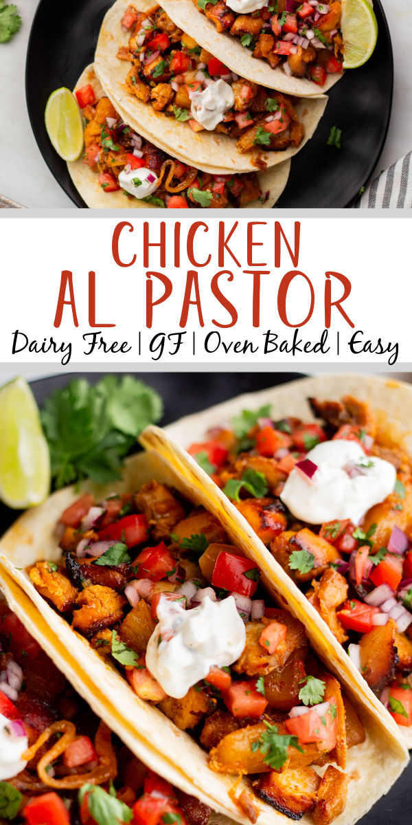 This chicken al pastor only uses one sheet pan and cooks in the oven in 25 minutes. It's naturally gluten free, dairy free, and paleo. The low carb recipe is perfect for meal prepping or a family meal and uses very few ingredients. There are countless ways to serve this recipe to be sure everyone will enjoy. #30minutemeals #glutenfreerecipes #dairyfreerecipes #glutenfreedairyfreerecipes #lowcarbmeals #lowcarbrecipes #easymealprep #easychickenrecipes #onepanmeals #chickenalpastor